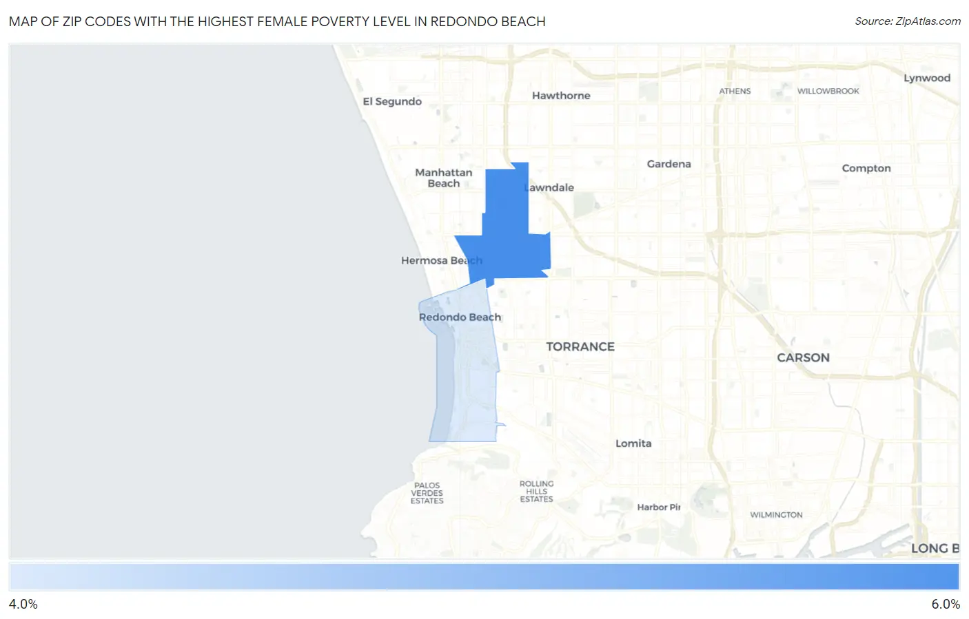 Zip Codes with the Highest Female Poverty Level in Redondo Beach Map