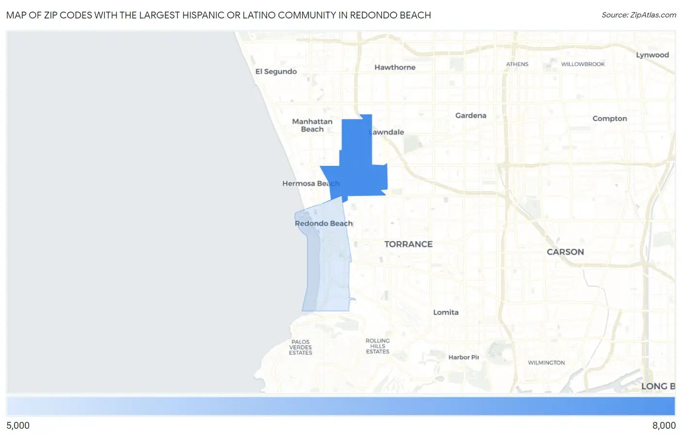 Zip Codes with the Largest Hispanic or Latino Community in Redondo Beach Map