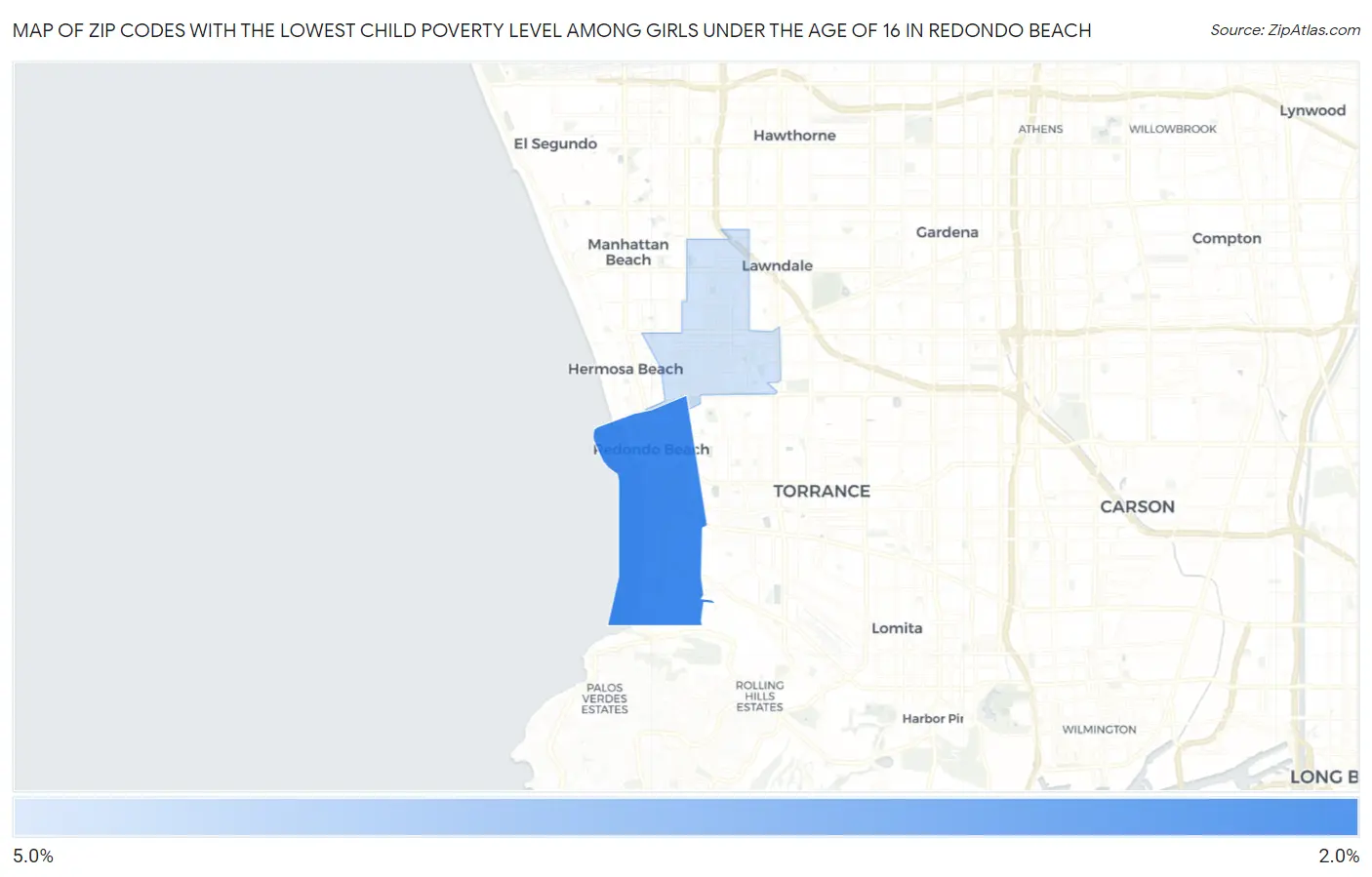 Zip Codes with the Lowest Child Poverty Level Among Girls Under the Age of 16 in Redondo Beach Map