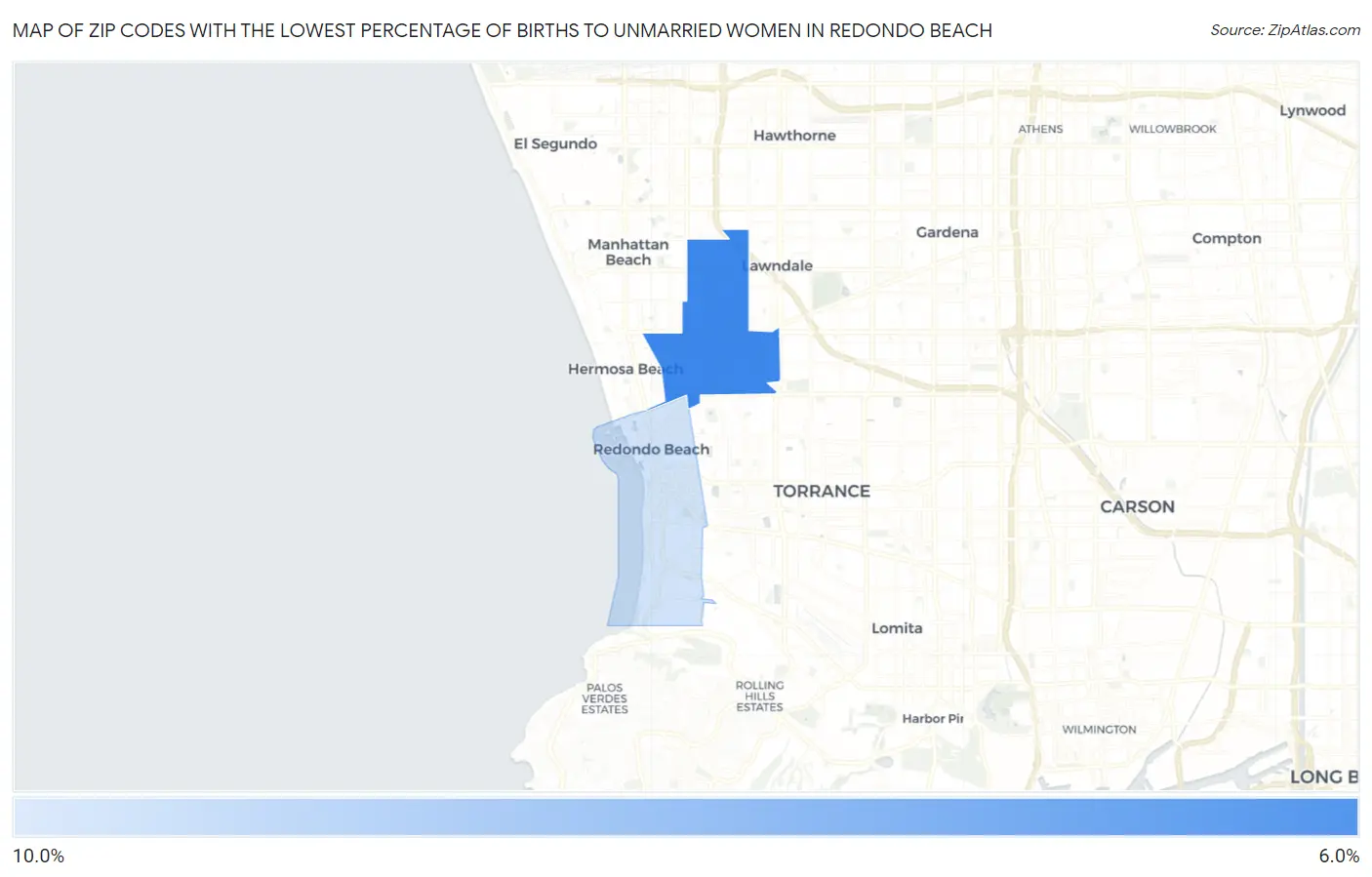 Zip Codes with the Lowest Percentage of Births to Unmarried Women in Redondo Beach Map