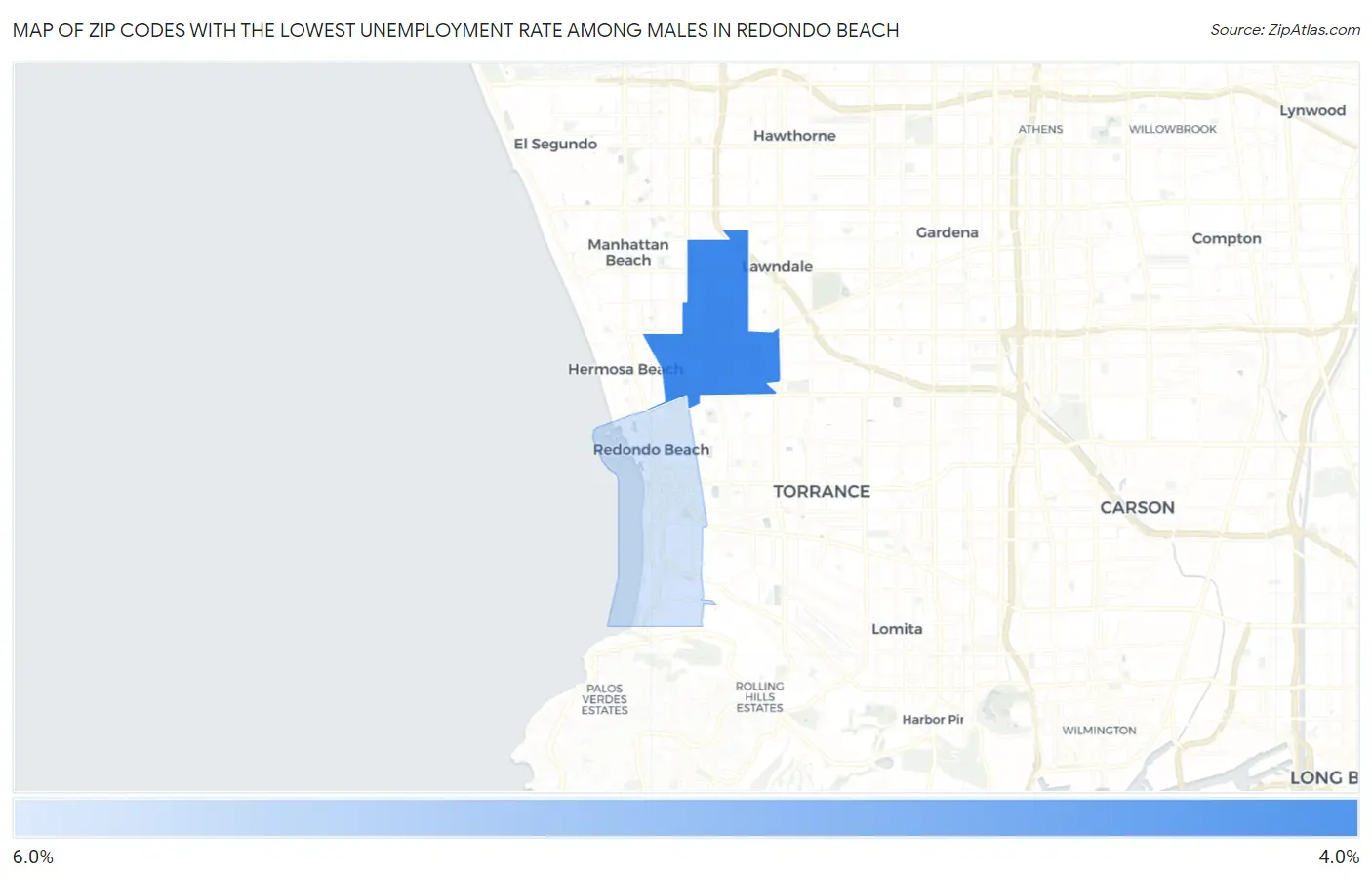 Zip Codes with the Lowest Unemployment Rate Among Males in Redondo Beach Map