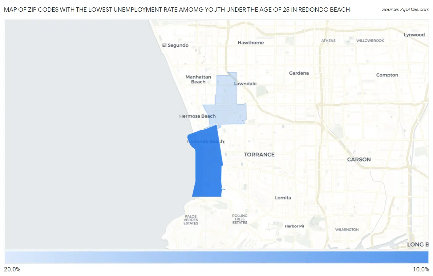 Zip Codes with the Lowest Unemployment Rate Amomg Youth Under the Age of 25 in Redondo Beach Map