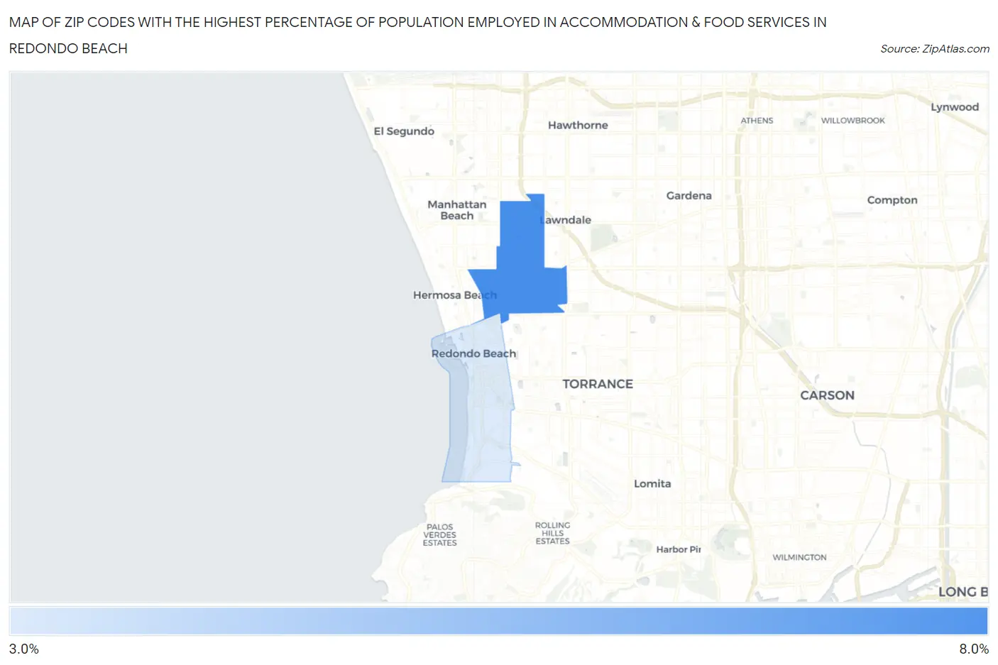 Zip Codes with the Highest Percentage of Population Employed in Accommodation & Food Services in Redondo Beach Map