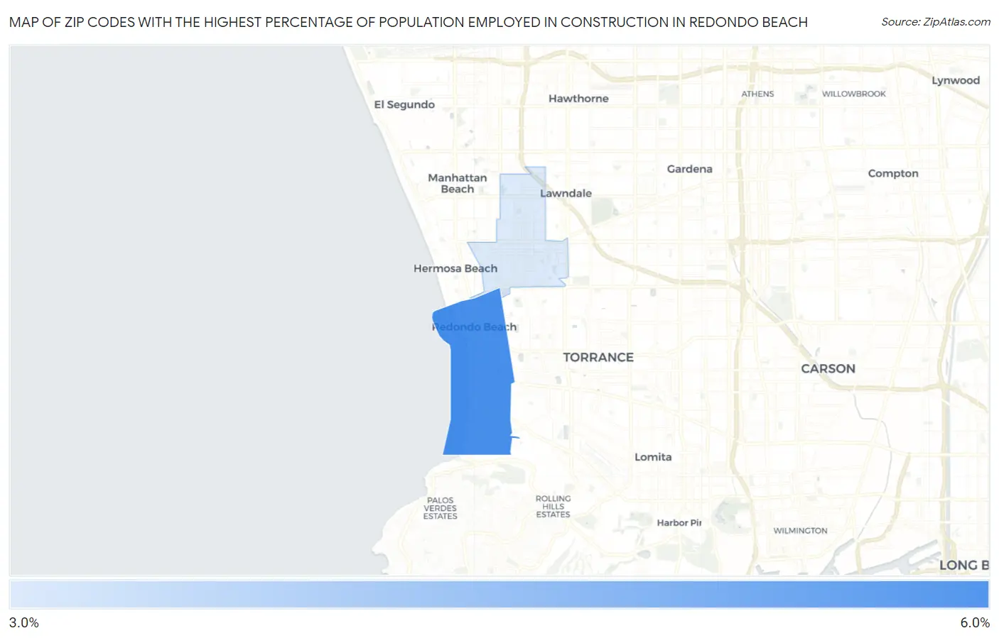 Zip Codes with the Highest Percentage of Population Employed in Construction in Redondo Beach Map