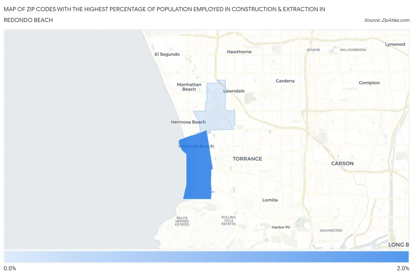Zip Codes with the Highest Percentage of Population Employed in Construction & Extraction in Redondo Beach Map