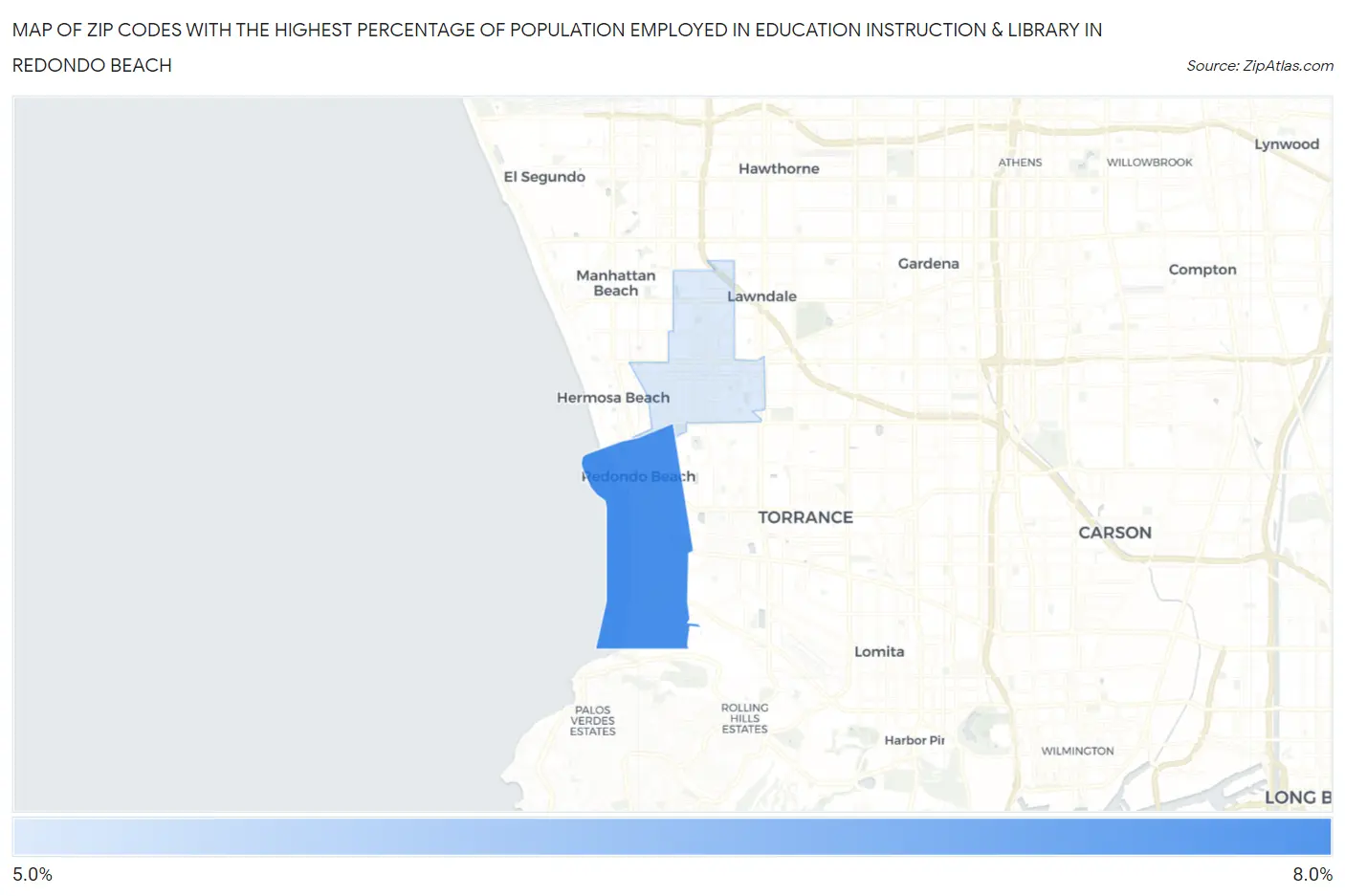 Zip Codes with the Highest Percentage of Population Employed in Education Instruction & Library in Redondo Beach Map