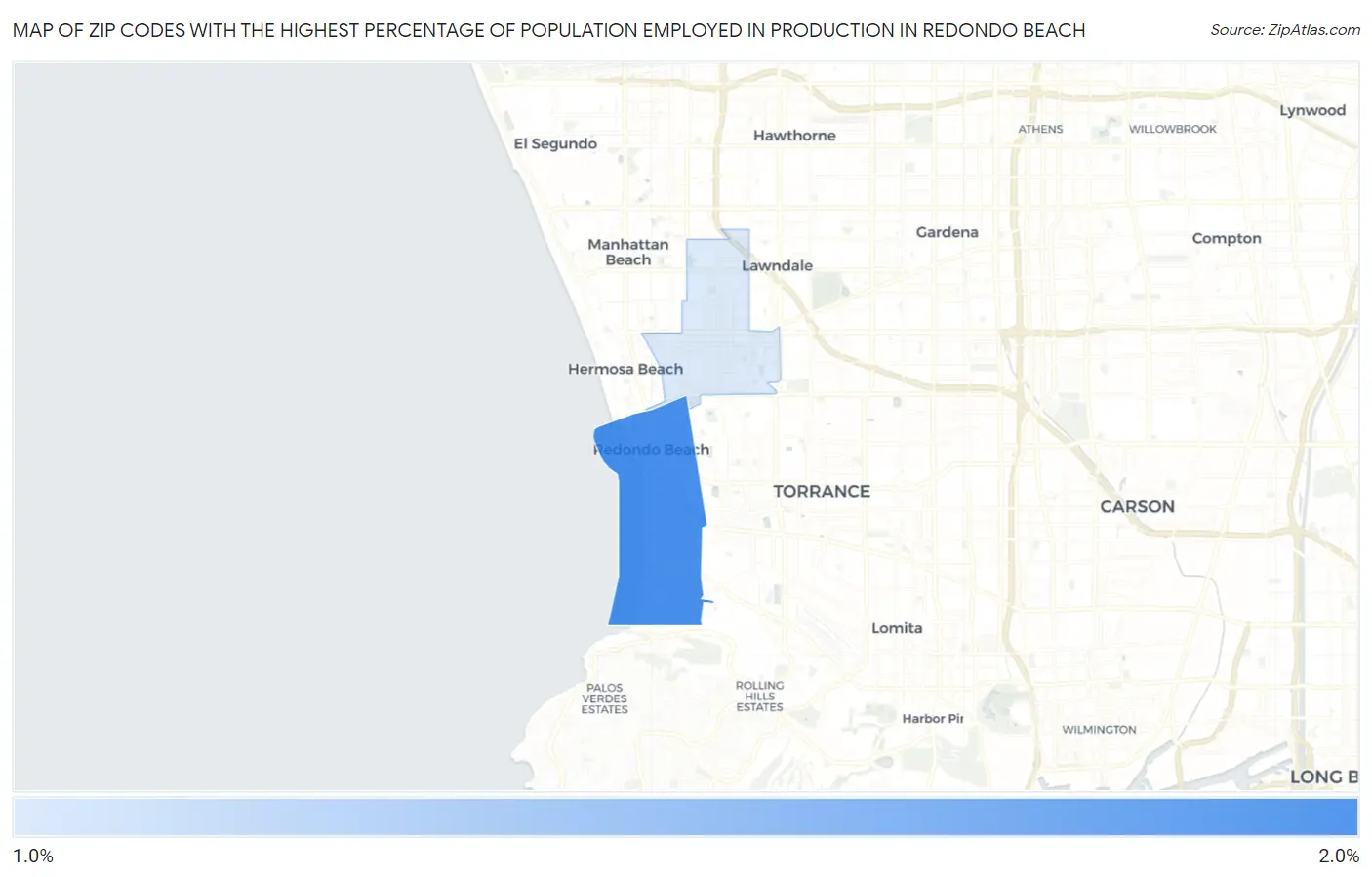 Zip Codes with the Highest Percentage of Population Employed in Production in Redondo Beach Map
