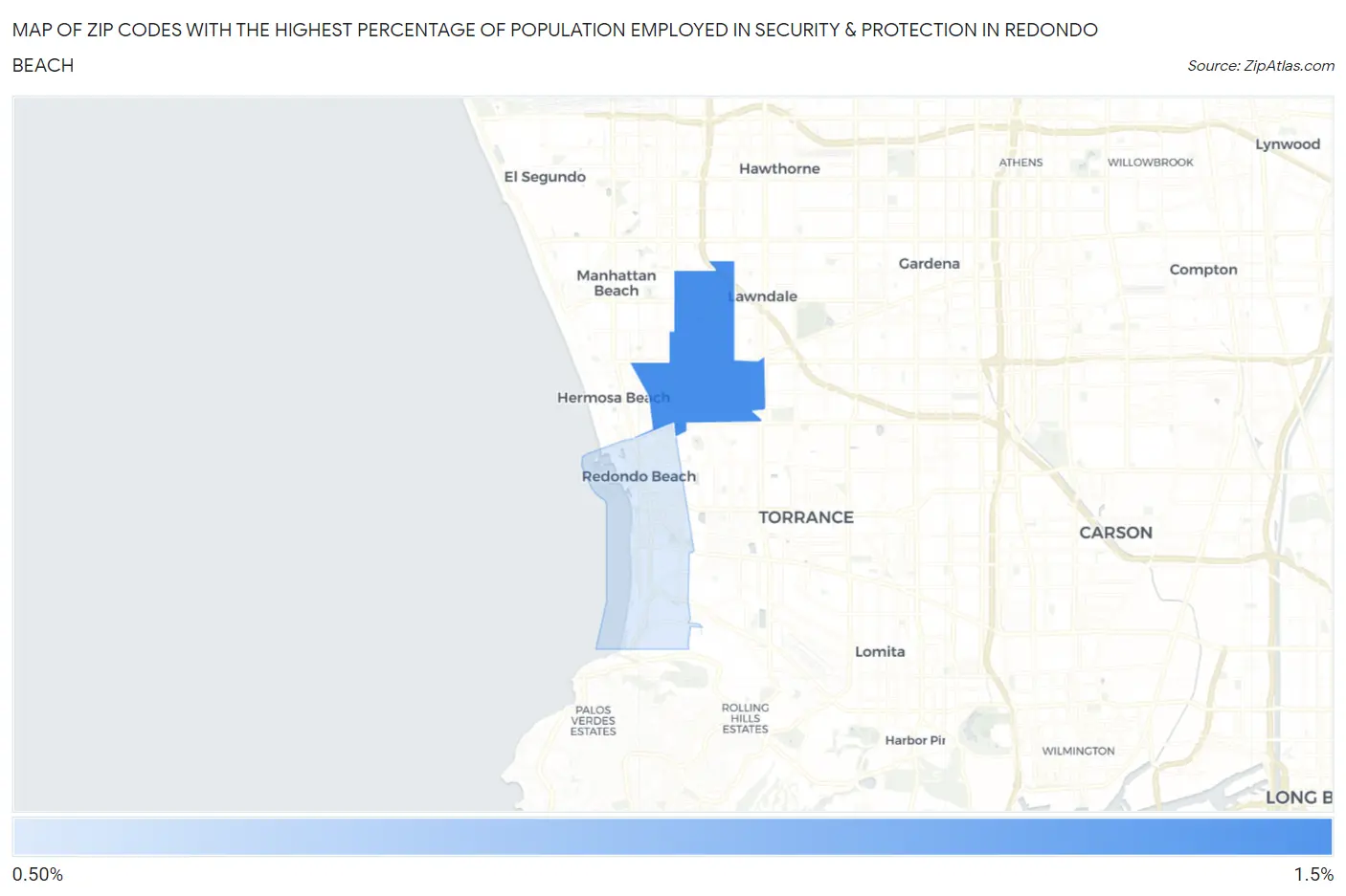 Zip Codes with the Highest Percentage of Population Employed in Security & Protection in Redondo Beach Map