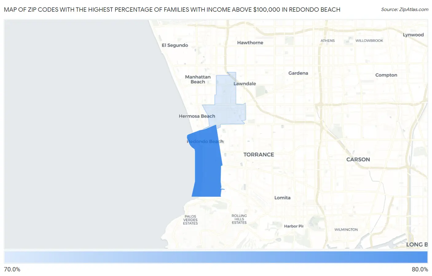 Zip Codes with the Highest Percentage of Families with Income Above $100,000 in Redondo Beach Map
