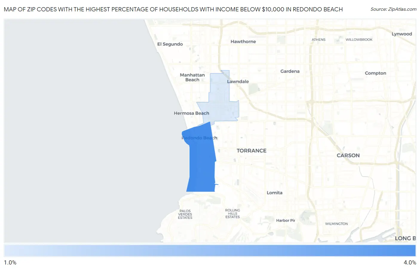 Zip Codes with the Highest Percentage of Households with Income Below $10,000 in Redondo Beach Map
