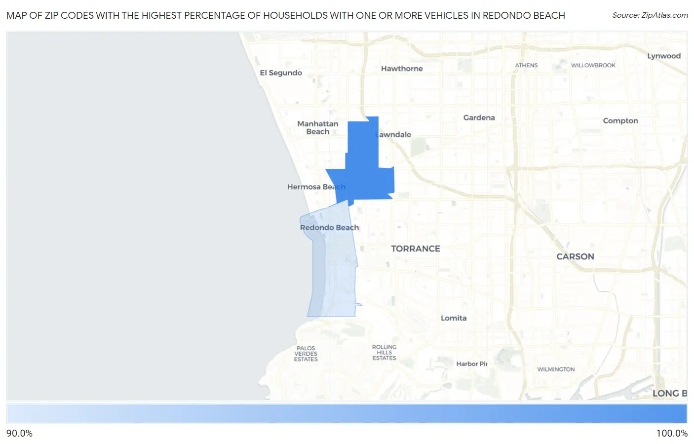 Zip Codes with the Highest Percentage of Households With One or more Vehicles in Redondo Beach Map