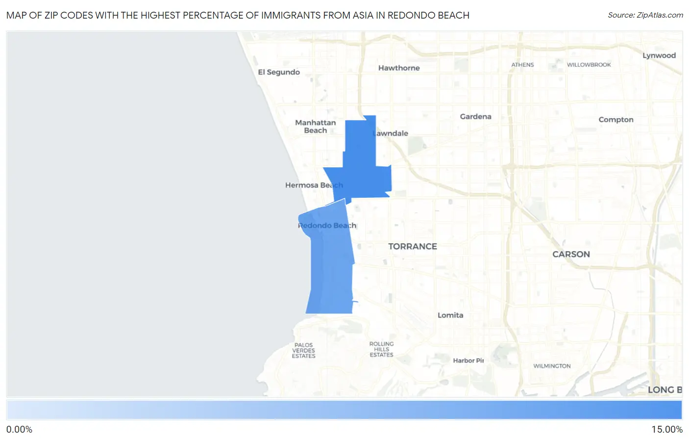 Zip Codes with the Highest Percentage of Immigrants from Asia in Redondo Beach Map