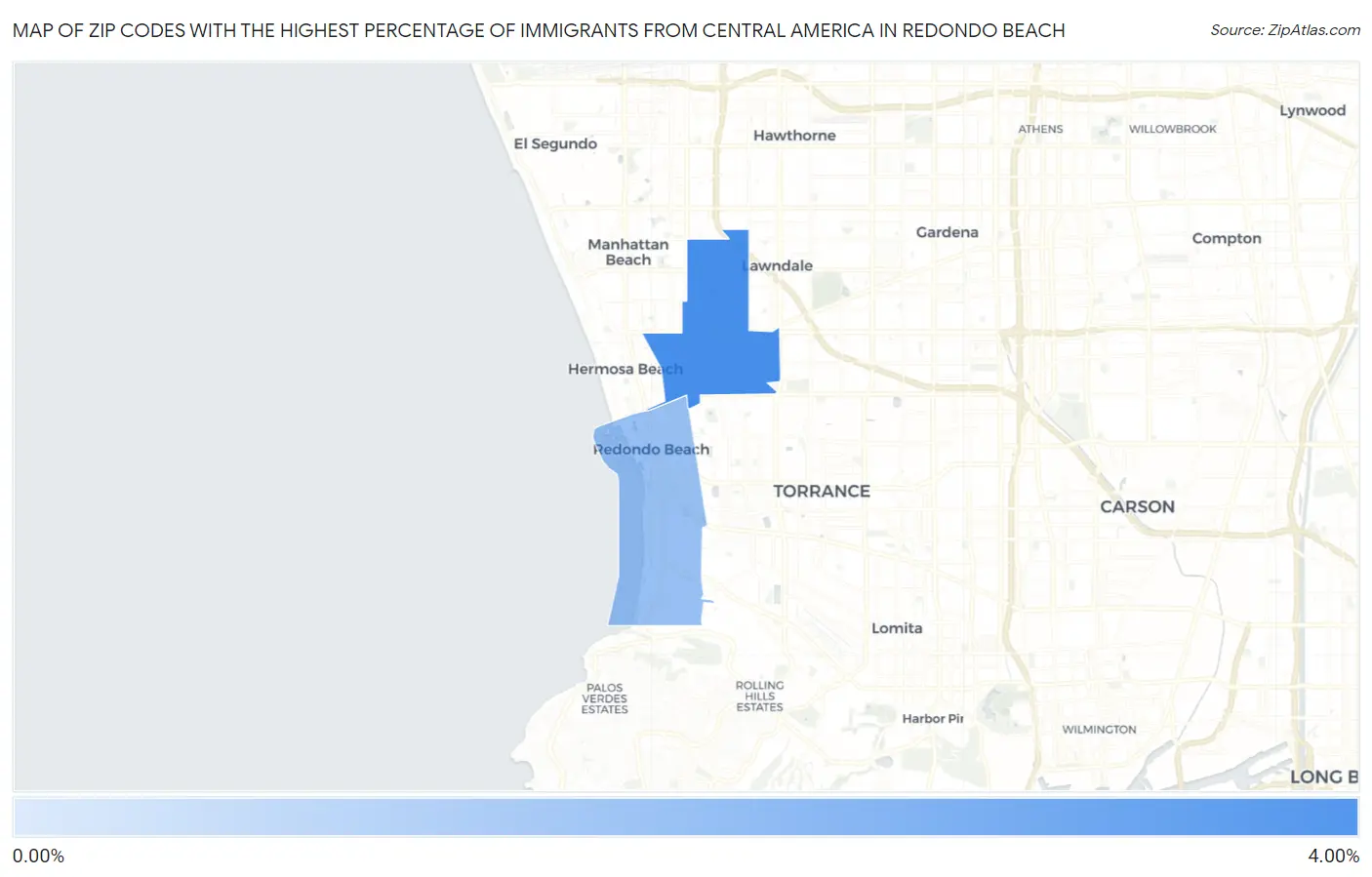Zip Codes with the Highest Percentage of Immigrants from Central America in Redondo Beach Map