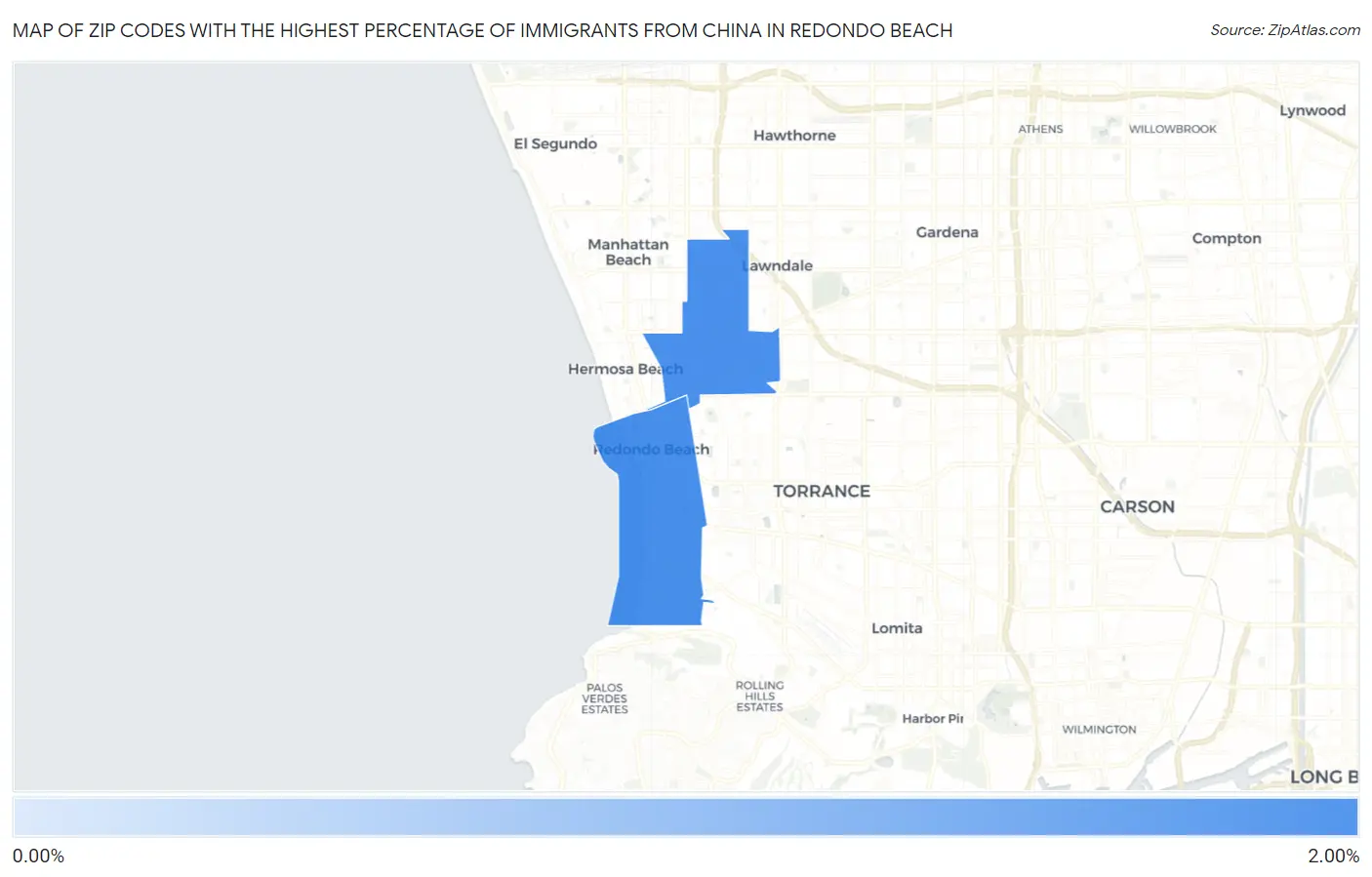Zip Codes with the Highest Percentage of Immigrants from China in Redondo Beach Map
