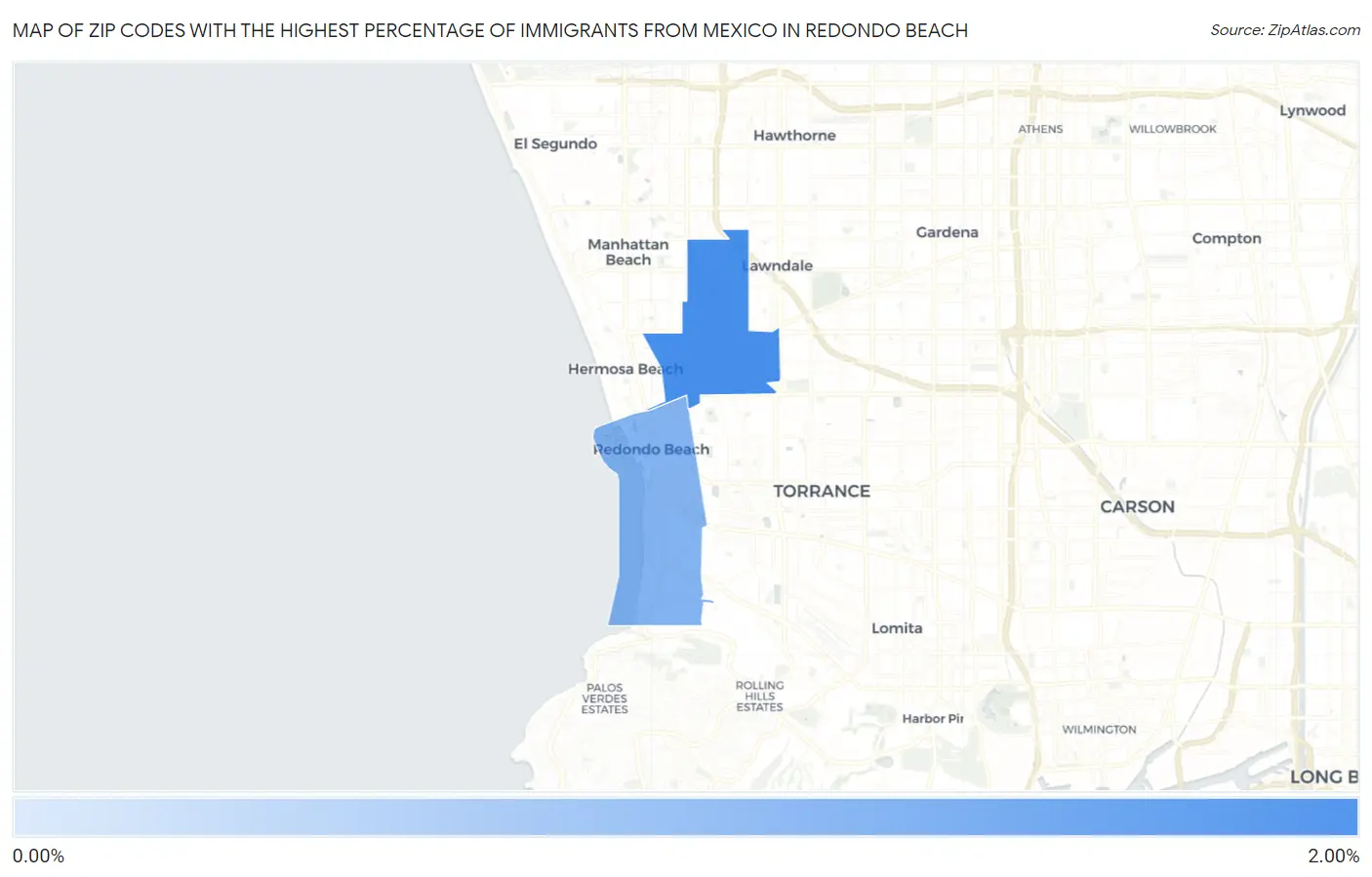 Zip Codes with the Highest Percentage of Immigrants from Mexico in Redondo Beach Map
