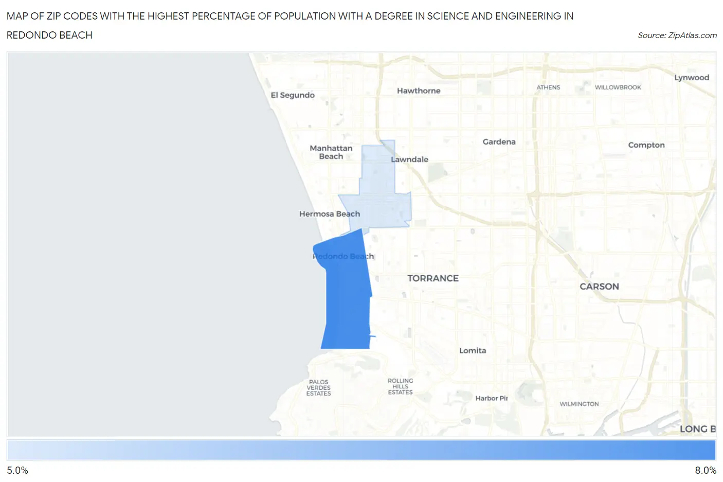 Zip Codes with the Highest Percentage of Population with a Degree in Science and Engineering in Redondo Beach Map