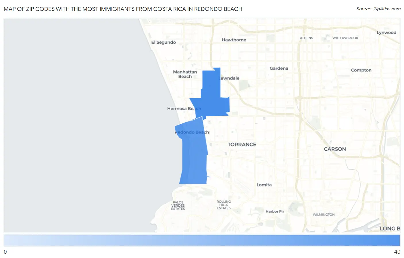 Zip Codes with the Most Immigrants from Costa Rica in Redondo Beach Map