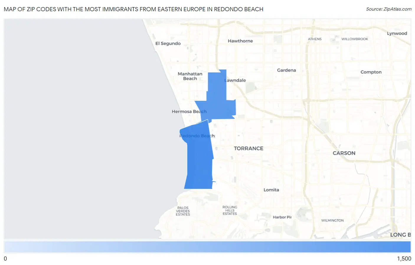 Zip Codes with the Most Immigrants from Eastern Europe in Redondo Beach Map