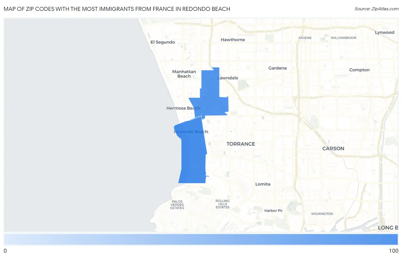 Zip Codes with the Most Immigrants from France in Redondo Beach Map