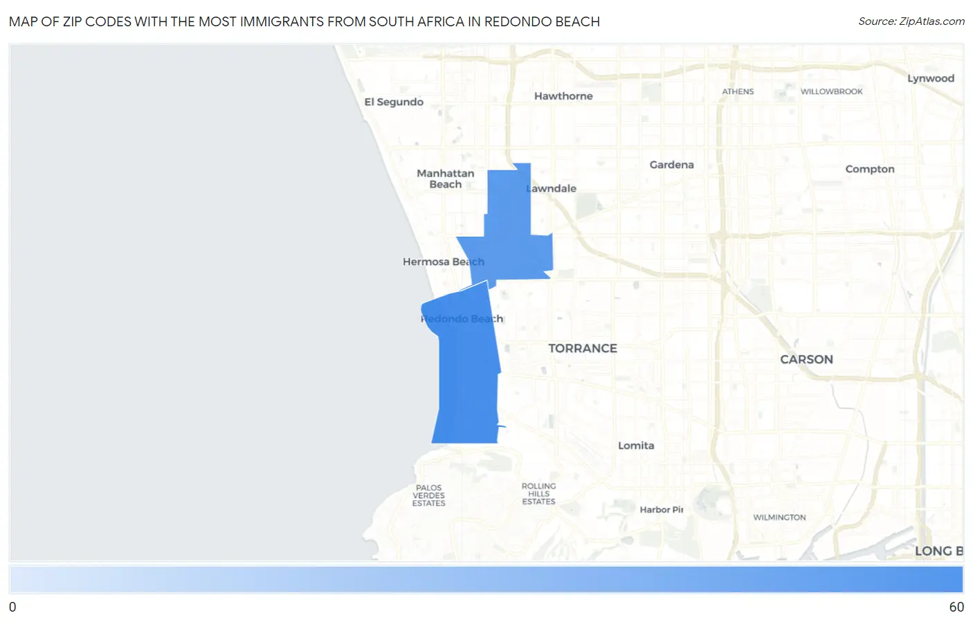 Zip Codes with the Most Immigrants from South Africa in Redondo Beach Map