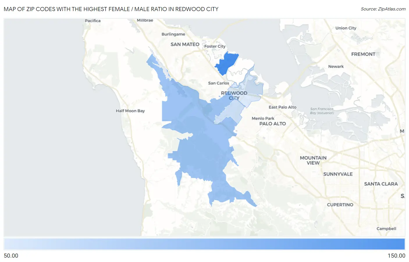 Zip Codes with the Highest Female / Male Ratio in Redwood City Map