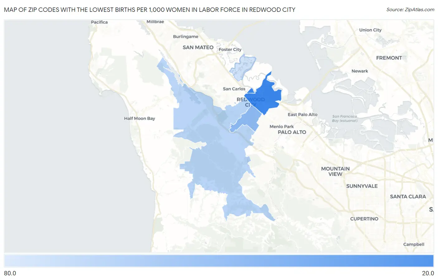 Zip Codes with the Lowest Births per 1,000 Women in Labor Force in Redwood City Map