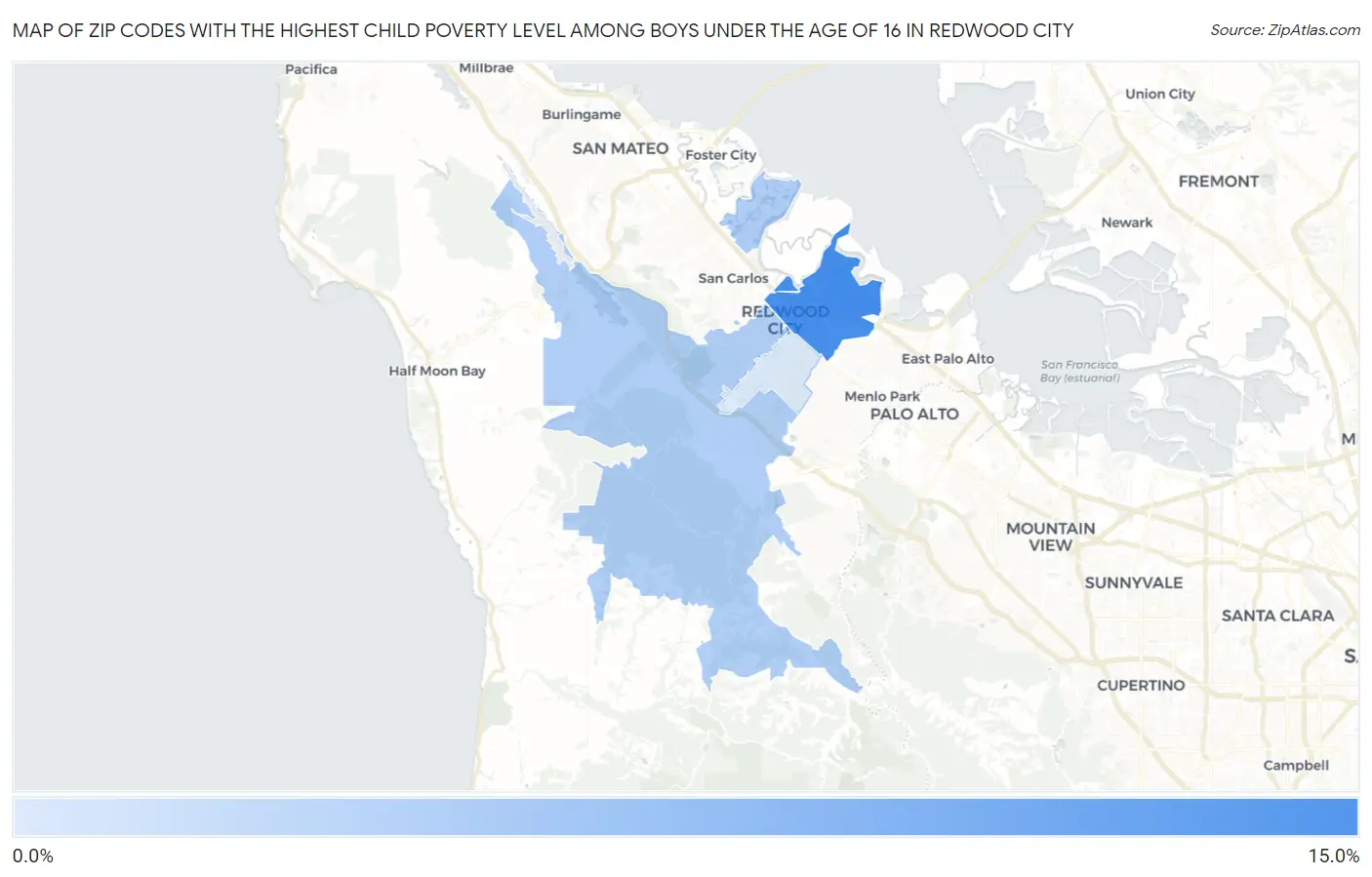 Zip Codes with the Highest Child Poverty Level Among Boys Under the Age of 16 in Redwood City Map