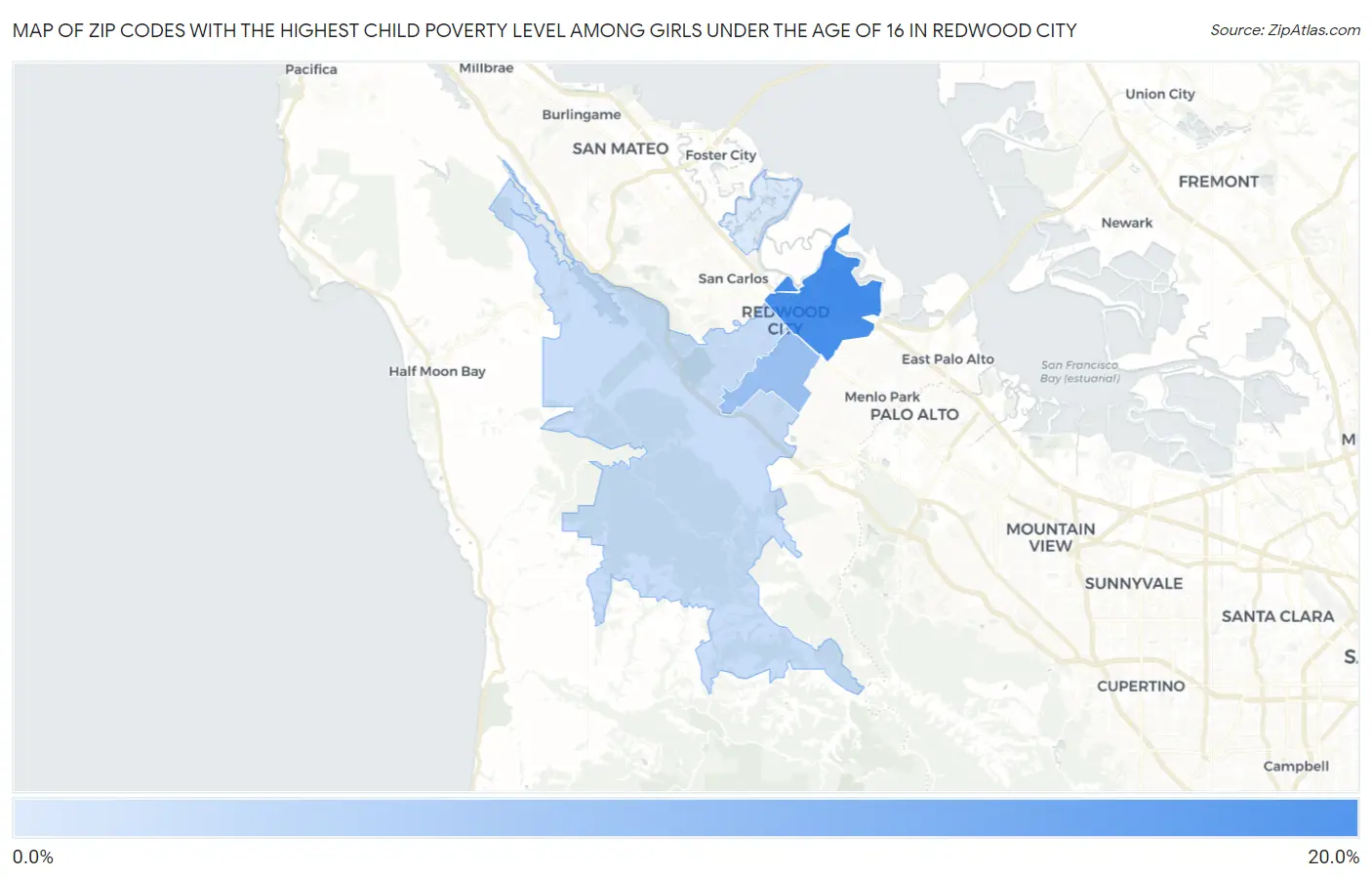 Zip Codes with the Highest Child Poverty Level Among Girls Under the Age of 16 in Redwood City Map