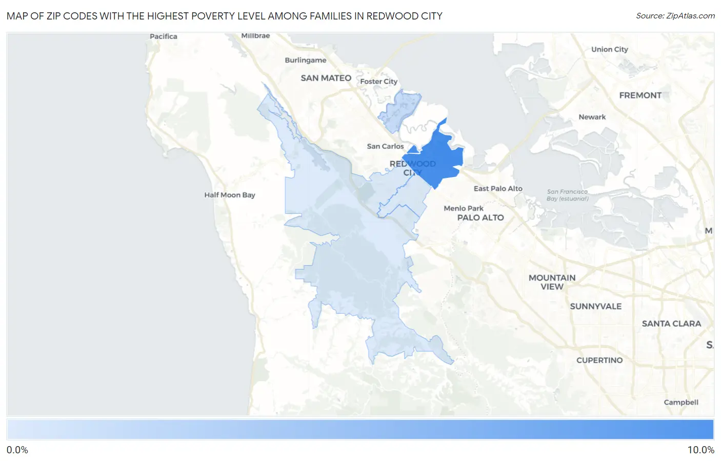 Zip Codes with the Highest Poverty Level Among Families in Redwood City Map