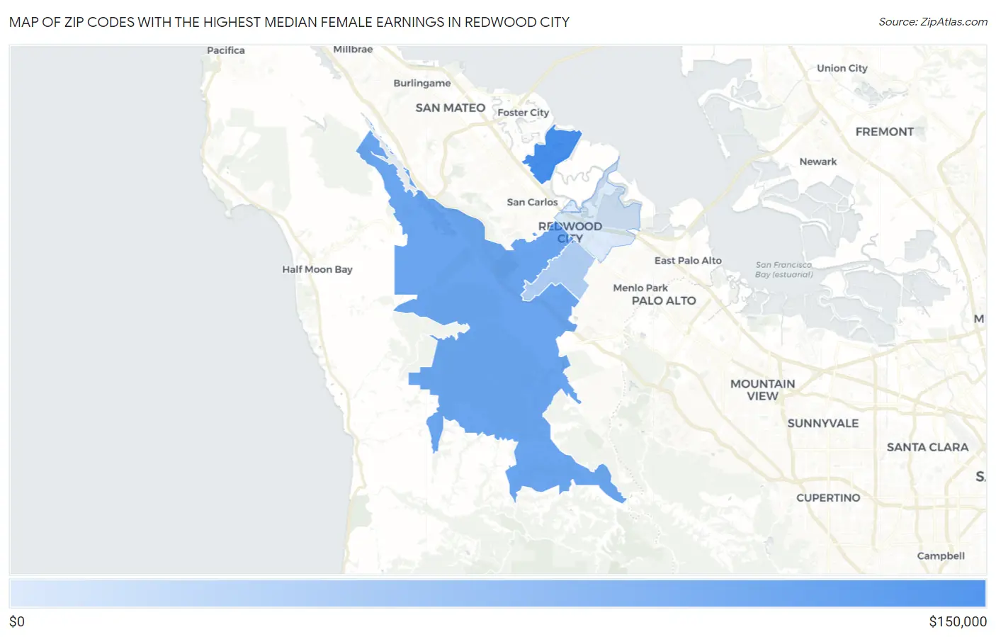 Zip Codes with the Highest Median Female Earnings in Redwood City Map