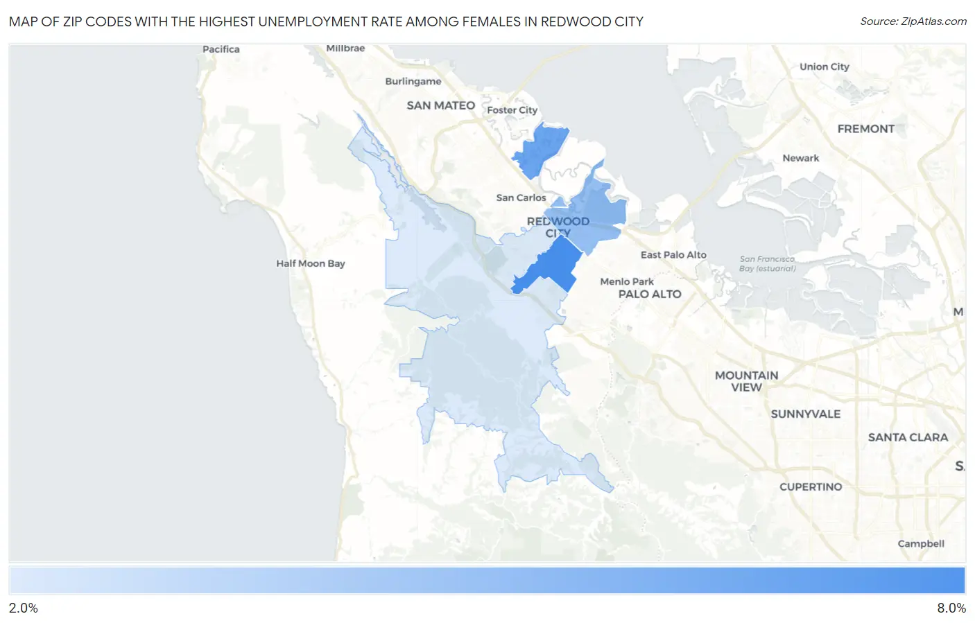 Zip Codes with the Highest Unemployment Rate Among Females in Redwood City Map