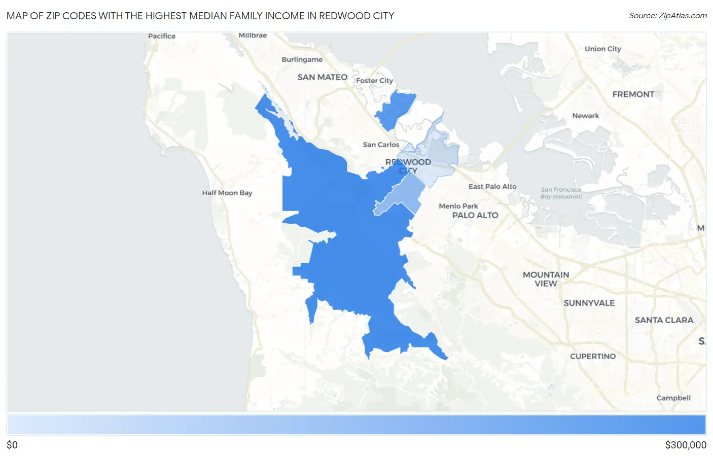 Zip Codes with the Highest Median Family Income in Redwood City Map