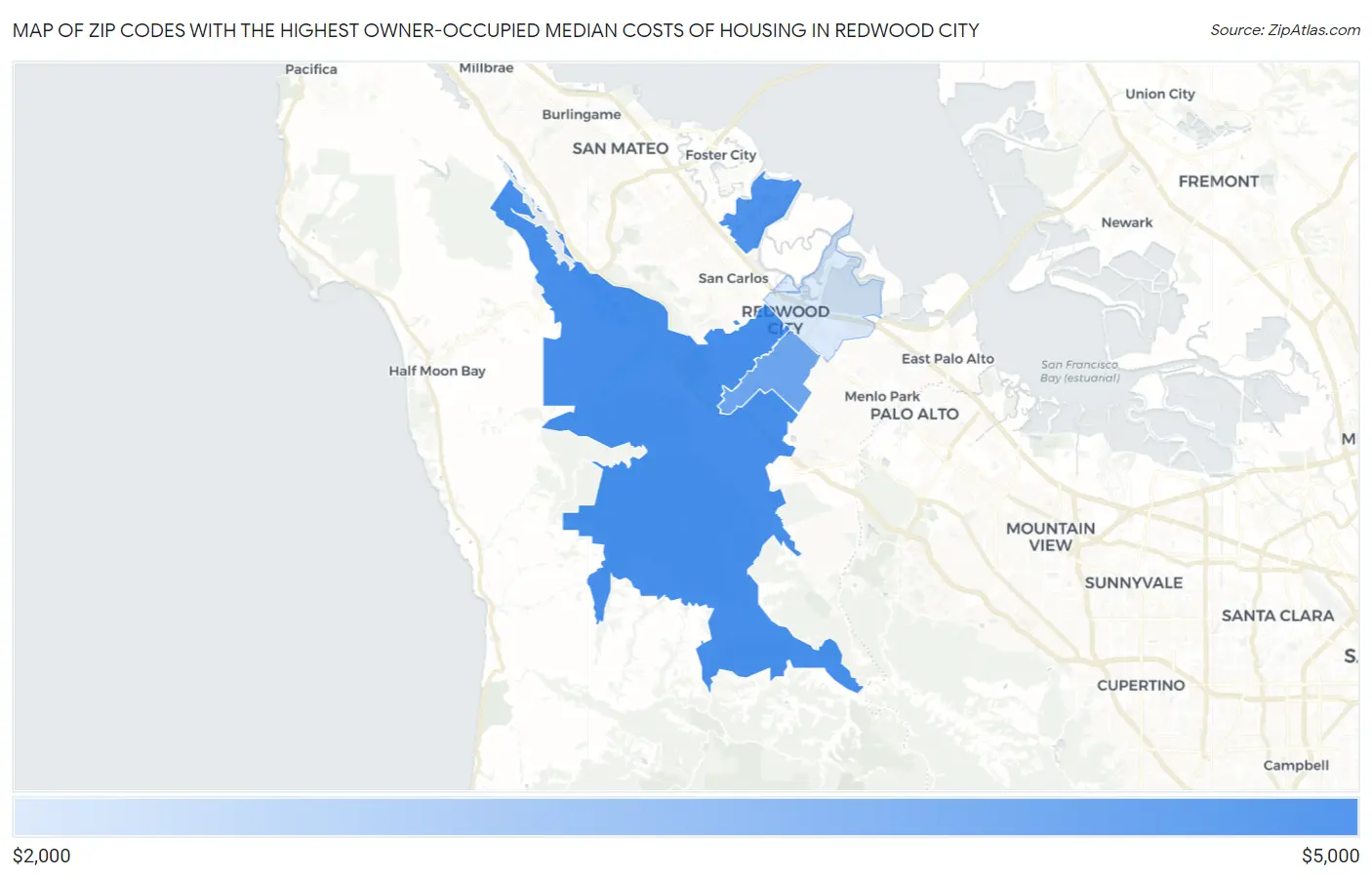 Zip Codes with the Highest Owner-Occupied Median Costs of Housing in Redwood City Map