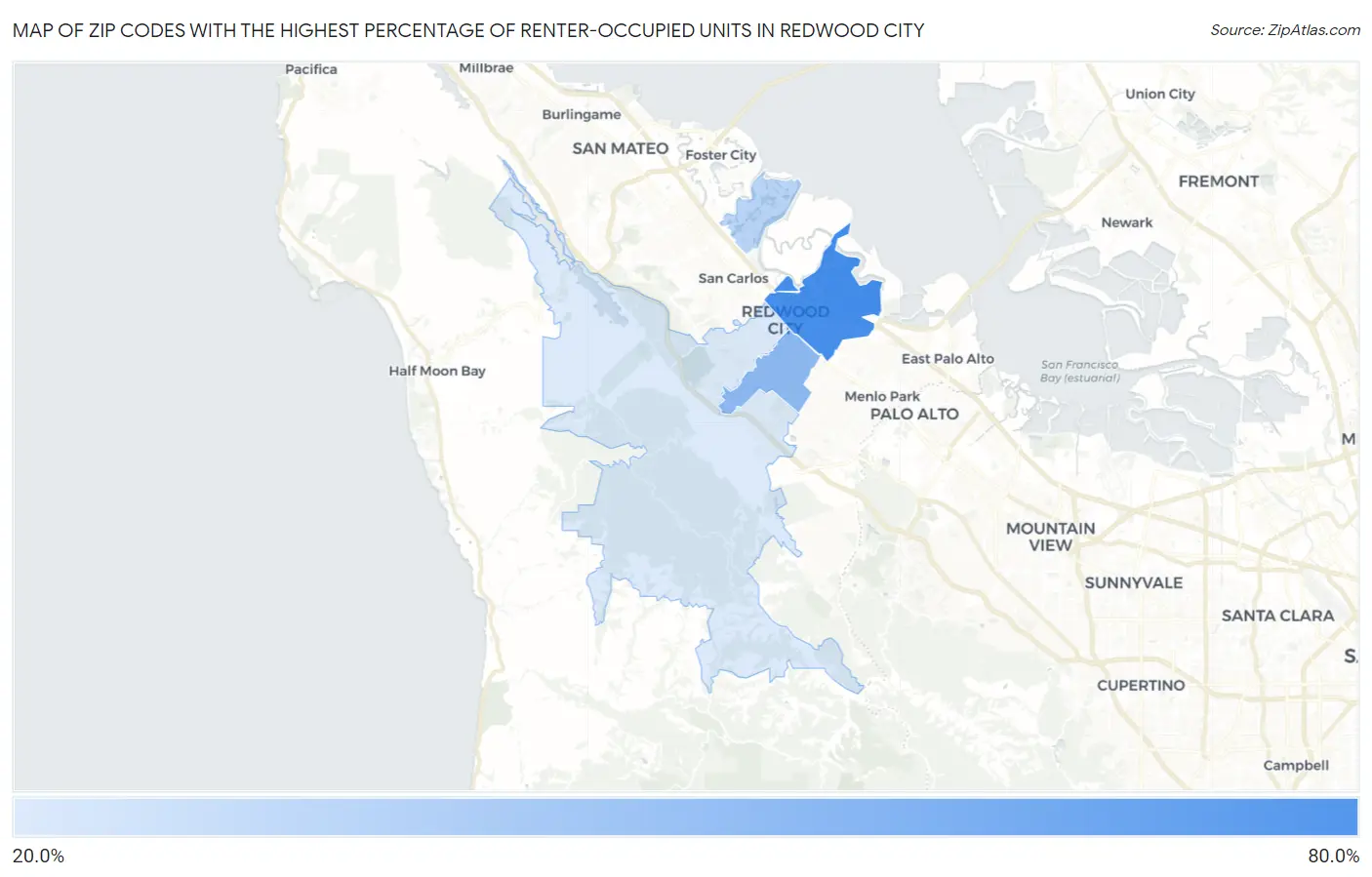 Zip Codes with the Highest Percentage of Renter-Occupied Units in Redwood City Map
