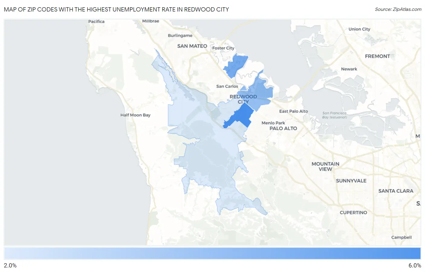 Zip Codes with the Highest Unemployment Rate in Redwood City Map