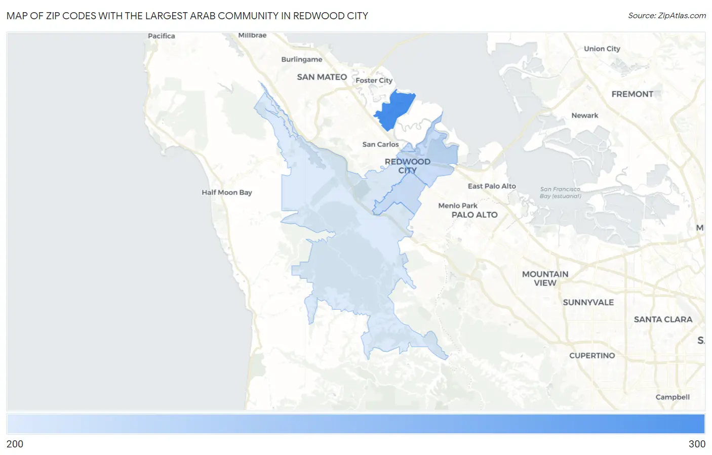 Zip Codes with the Largest Arab Community in Redwood City Map