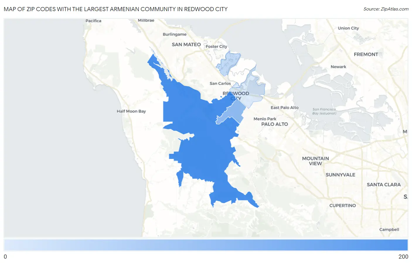 Zip Codes with the Largest Armenian Community in Redwood City Map