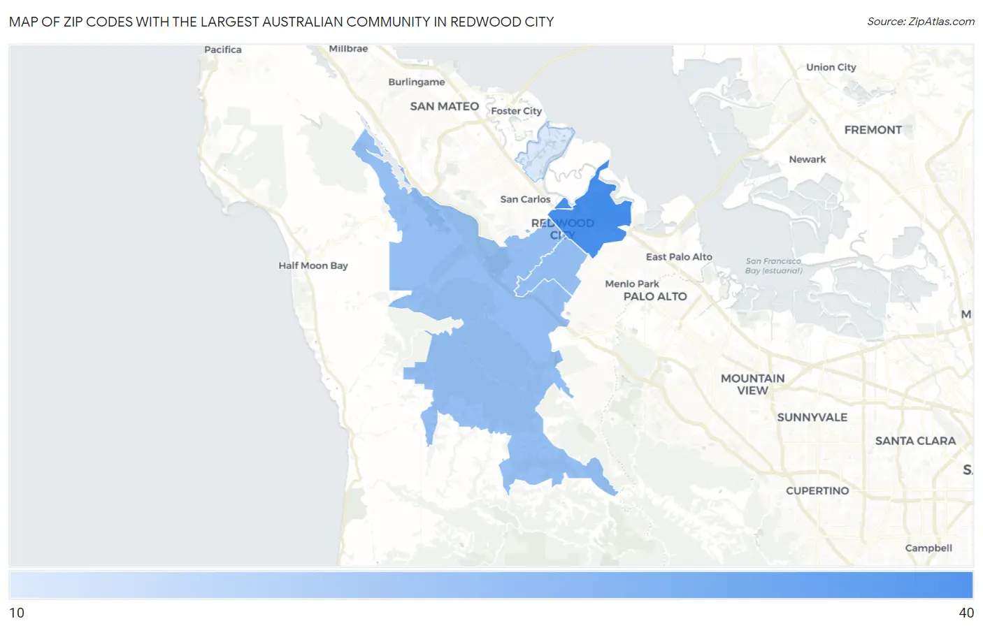 Zip Codes with the Largest Australian Community in Redwood City Map