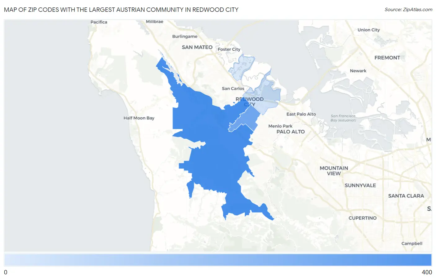 Zip Codes with the Largest Austrian Community in Redwood City Map
