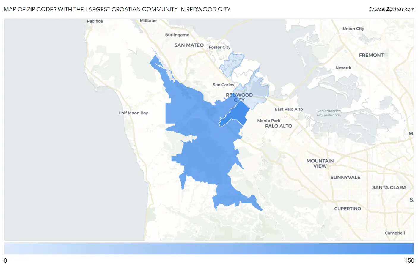 Zip Codes with the Largest Croatian Community in Redwood City Map
