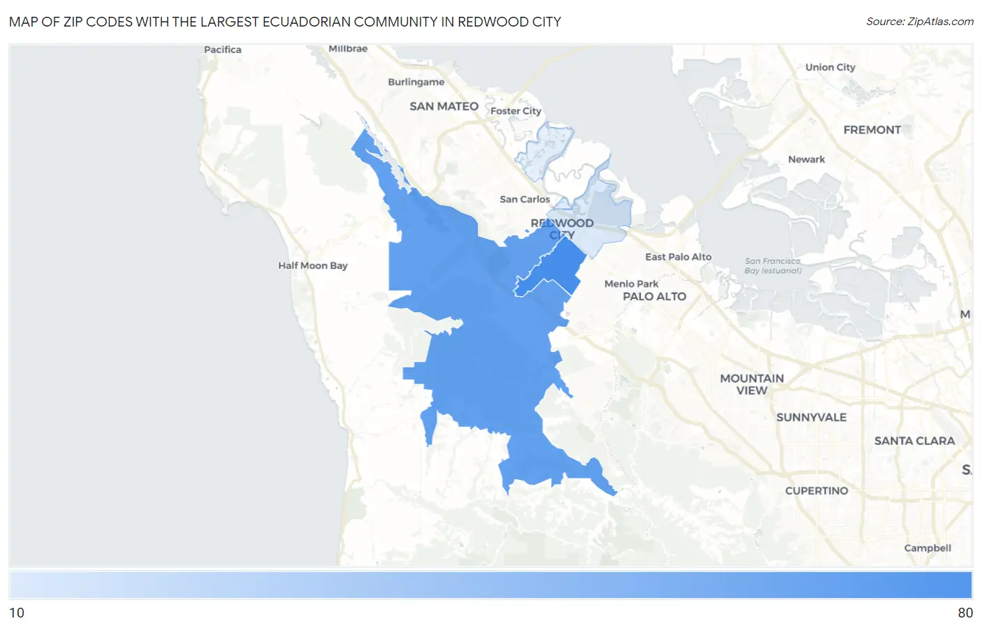 Zip Codes with the Largest Ecuadorian Community in Redwood City Map