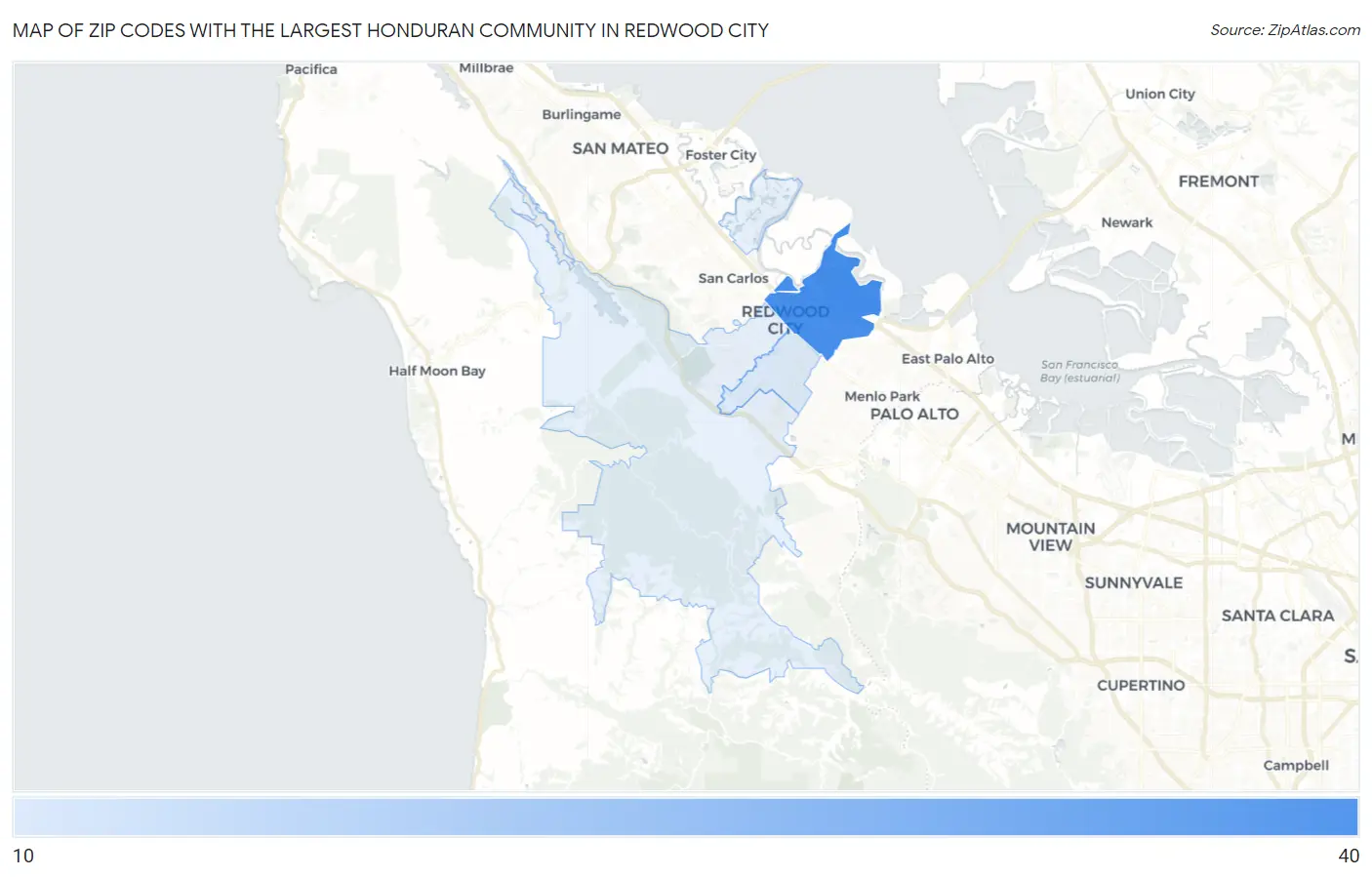 Zip Codes with the Largest Honduran Community in Redwood City Map