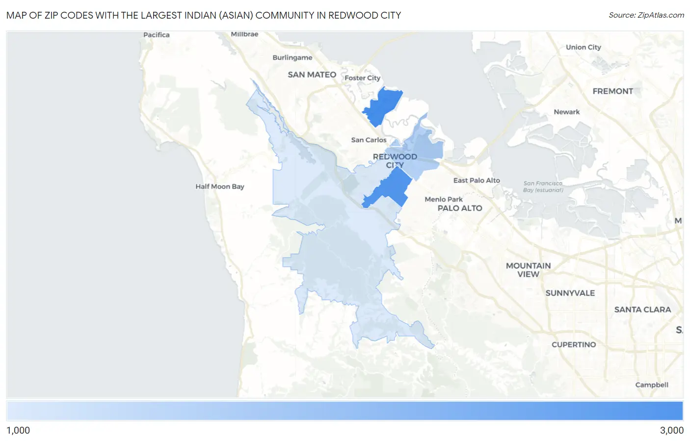 Zip Codes with the Largest Indian (Asian) Community in Redwood City Map