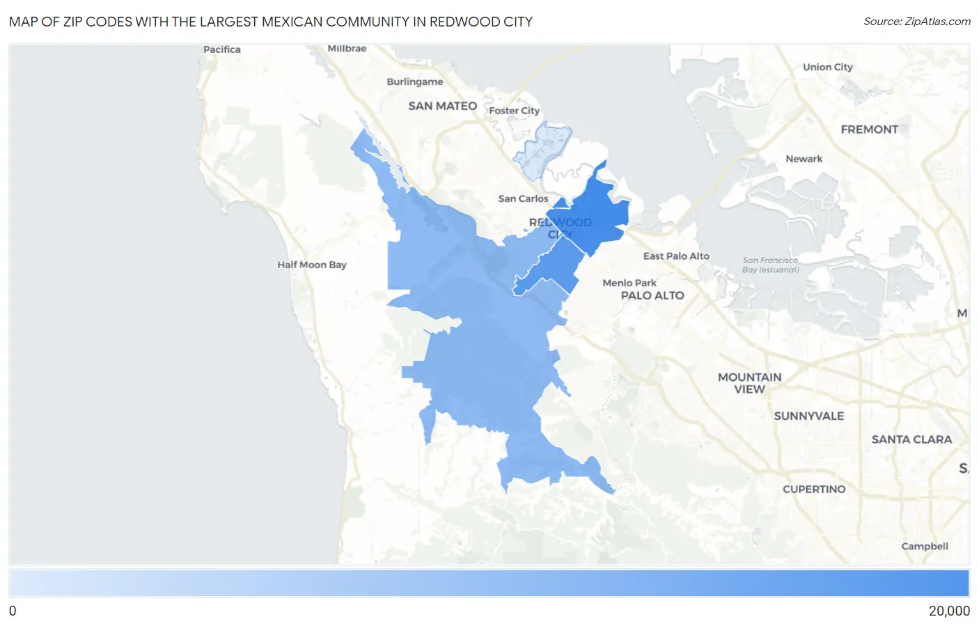 Zip Codes with the Largest Mexican Community in Redwood City Map