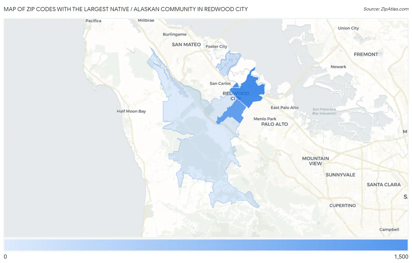 Zip Codes with the Largest Native / Alaskan Community in Redwood City Map