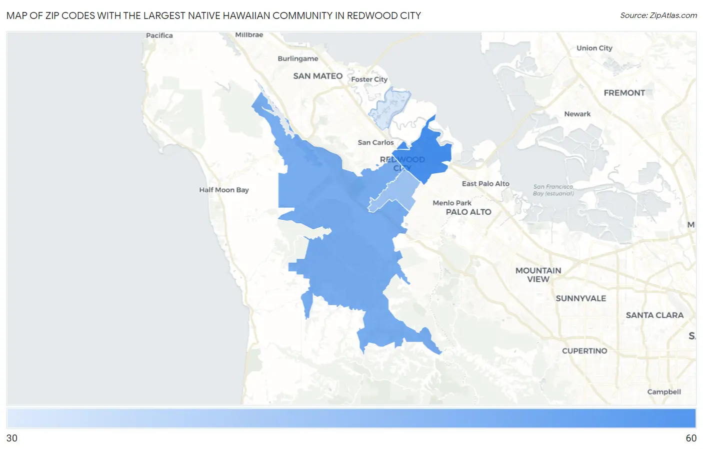 Zip Codes with the Largest Native Hawaiian Community in Redwood City Map