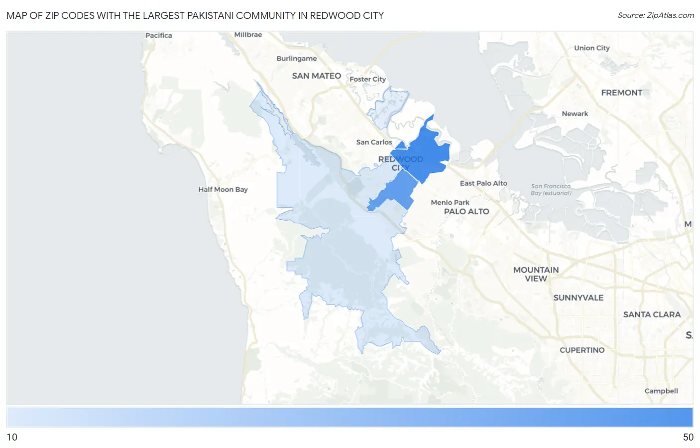 Zip Codes with the Largest Pakistani Community in Redwood City Map