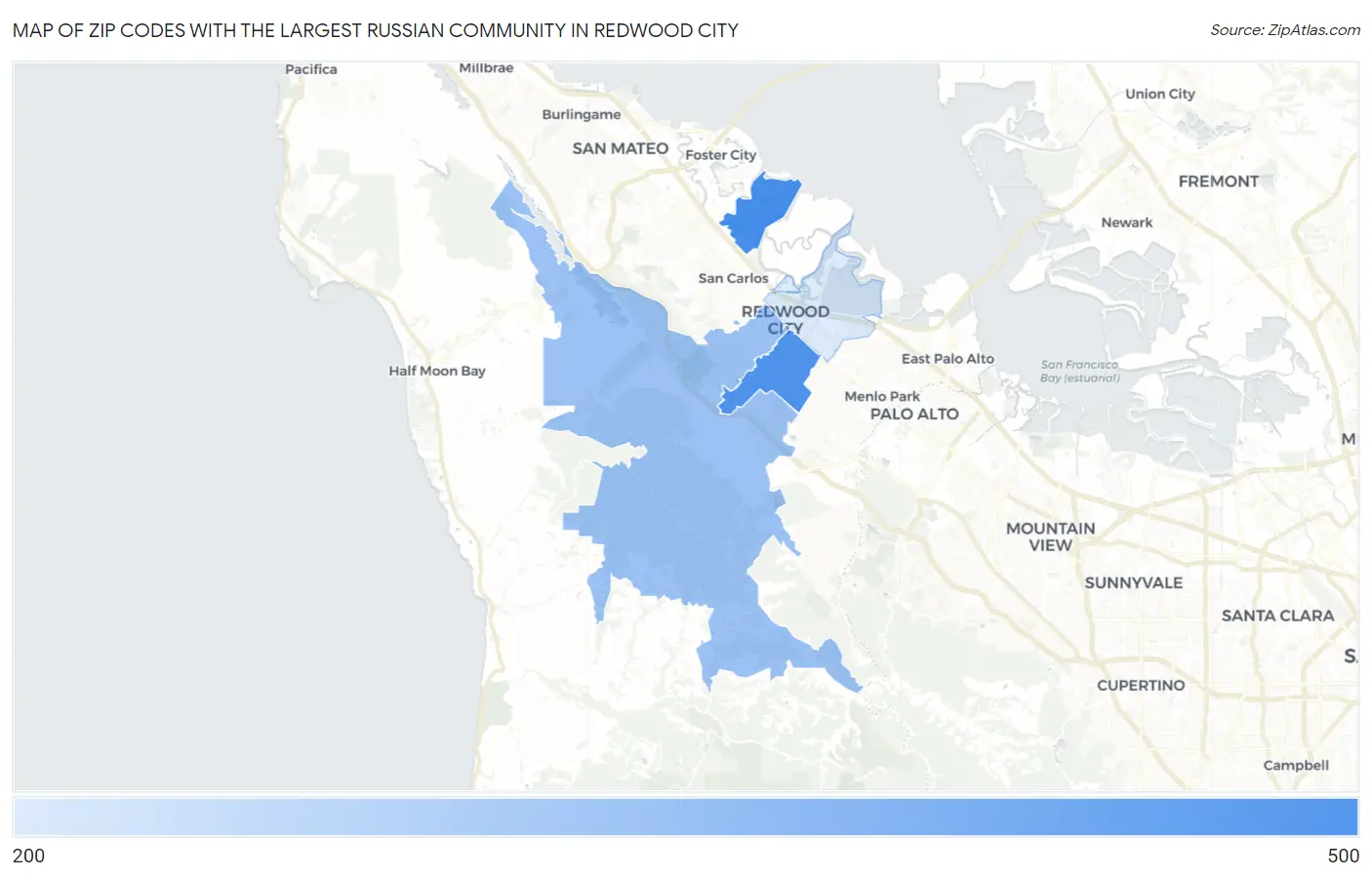 Zip Codes with the Largest Russian Community in Redwood City Map