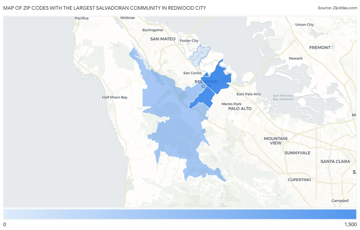 Zip Codes with the Largest Salvadoran Community in Redwood City Map