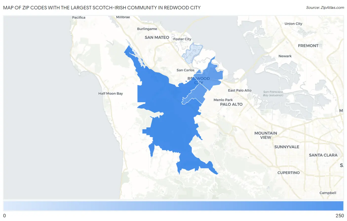 Zip Codes with the Largest Scotch-Irish Community in Redwood City Map